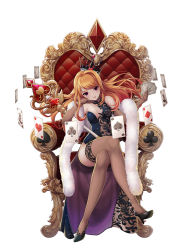 Rule 34 | 1girl, ace (playing card), ace of clubs, ace of diamonds, ace of hearts, ace of spades, armchair, asymmetrical clothes, bare shoulders, black footwear, blue leotard, brown gloves, brown hair, brown thighhighs, card, chair, club (shape), crossed legs, crown, diamond (shape), elbow gloves, feather boa, gloves, head tilt, headgear, heart, high heels, highres, holding, holding card, koflif, leotard, long hair, looking at viewer, on chair, original, parted lips, playing card, playing card theme, purple eyes, shadow seven, shoes, simple background, sitting, solo, spade (shape), staff, thighhighs, white background