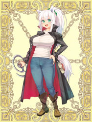 Rule 34 | 1girl, animal ears, boots, breasts, character request, denim, full body, green eyes, hand on own hip, holding, jacket, jeans, kerberos blade, large breasts, long hair, long sleeves, looking at viewer, open clothes, open jacket, open mouth, pants, ryoji (nomura ryouji), solo, tail, weapon, white hair, yellow background