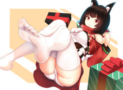 Rule 34 | 1girl, :t, animal ear fluff, animal ears, annoyed, ass, azur lane, bare shoulders, breasts, brown hair, commentary request, feet, gift, looking at viewer, medium breasts, nekoda (maoda), no shoes, panties, pout, red eyes, revision, scarf, short hair, skirt, soles, solo, thighhighs, thighs, toes, underwear, upskirt, white panties, white thighhighs, wide sleeves, yamashiro (azur lane), yamashiro (holiday offensive) (azur lane)