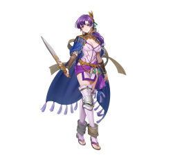 Rule 34 | 1girl, absurdres, breasts, cleavage, earrings, fire emblem, fire emblem: the binding blade, fire emblem heroes, hanusu, highres, holding, holding sword, holding weapon, jewelry, juno (fire emblem), juno (nimble grace) (fire emblem), large breasts, looking at viewer, nintendo, official alternate costume, official art, pelvic curtain, purple eyes, purple hair, simple background, smile, solo, sword, tachi-e, tassel, tassel earrings, toeless footwear, toeless legwear, weapon, white background