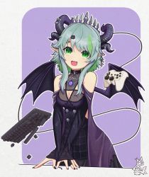 Rule 34 | 1girl, aqua eyes, aqua hair, artist request, bat wings, breasts, apricot the lich, cleavage, cleavage cutout, clothing cutout, highres, horns, image sample, jewelry, keyboard (computer), lich, medium breasts, nail polish, playstation controller, short hair, smile, solo, twitter sample, virtual youtuber, vshojo, wings