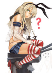 Rule 34 | 10s, 1girl, ?, absurdres, anchor, black panties, blonde hair, elbow gloves, flat chest, gloves, green eyes, hair ornament, hair ribbon, highres, hiranko, hiraunnko, kantai collection, long hair, looking at viewer, navel, panties, personification, rensouhou-chan, ribbon, sailor collar, shimakaze (kancolle), sitting, skirt, solo, striped clothes, striped thighhighs, thighhighs, underwear, white gloves