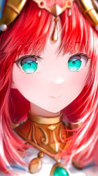 Rule 34 | 1girl, absurdres, blurry, brooch, circlet, close-up, closed mouth, depth of field, forehead jewel, genshin impact, green eyes, highres, horns, jewelry, light blush, long hair, looking at viewer, neck ring, nilou (genshin impact), ojay tkym, parted bangs, portrait, red hair, eye reflection, smile, solo