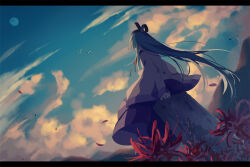 Rule 34 | 1girl, akinomiya asuka, black hat, blue sky, cloud, commentary request, detached sleeves, flower, green hair, hat, japanese clothes, kariginu, kimono, long hair, long sleeves, mystical power plant, original, outdoors, purple kimono, red flower, sitting, sky, solo, spider lily, suitokuin tenmu, tate eboshi, tombstone, touhou