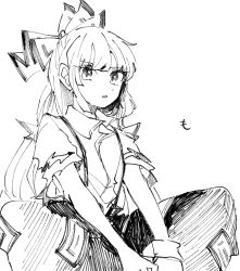 Rule 34 | 1girl, blunt bangs, bow, collared shirt, commentary request, fujiwara no mokou, greyscale, hair between eyes, hair bow, itomugi-kun, long hair, looking to the side, monochrome, ofuda, ofuda on clothes, open mouth, pants, shirt, short sleeves, sidelocks, simple background, sitting, solo, suspenders, torn clothes, touhou, very long hair, white background, wrist cuffs