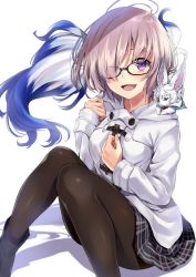Rule 34 | 1girl, alternate costume, antenna hair, black pantyhose, casual, coat, commentary request, creature, creature on shoulder, duffel coat, fate/grand order, fate (series), fou (fate), hair over one eye, kakao rantan, knees together feet apart, looking at viewer, mash kyrielight, mash kyrielight (fgo x lawson), miniskirt, official alternate costume, on shoulder, pantyhose, pink hair, purple eyes, short hair, simple background, sitting, skirt, white background