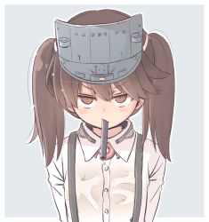 Rule 34 | 1girl, arms at sides, blush, border, brown eyes, brown hair, bubble tea challenge, closed mouth, commentary request, drinking straw, failure, fang, flat chest, fujisaki yuu, grey background, hair between eyes, hair ornament, holding, kantai collection, looking at viewer, mouth hold, outline, ryuujou (kancolle), simple background, skin fang, solo, standing, suspenders, twintails, upper body, visor cap, wet, white border, white outline