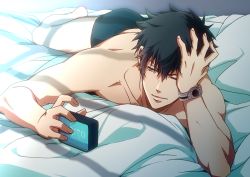 Rule 34 | 10s, 1boy, alarm clock, bed, bed sheet, black hair, blue eyes, boxers, clock, hand in own hair, hand on own head, kougami shin&#039;ya, looking down, lying, male focus, male underwear, messy hair, on stomach, one eye closed, pillow, psycho-pass, rion8014, topless male, solo, underwear, waking up