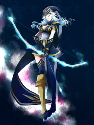 Rule 34 | 1girl, arrow (projectile), ashe (league of legends), blue eyes, blue hair, boots, bow (weapon), breasts, cape, cleavage, gloves, hood, kazusa (artist-k), league of legends, long hair, matching hair/eyes, skirt, solo, thighhighs, weapon