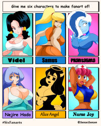 Rule 34 | 6+girls, :3, absurdres, alice angel, angel, angry, aqua dress, arms behind head, arms up, ass, bendy and the ink machine, black dress, black eyes, black hair, black lips, blonde hair, blue dress, blue eyes, blue hair, blue shirt, blue skin, boku no hero academia, breasts, cleavage, clothes pull, collarbone, colored skin, creatures (company), cross, demon horns, detached sleeves, dragon ball, dragonball z, dress, dress pull, game freak, ghost, gloves, hadou nejire, hair over one eye, hair rings, hair tubes, halo, hand on own hip, hanna-barbera, hat, highres, horns, joy (pokemon), large breasts, long hair, long sleeves, looking at viewer, looking to the side, low twintails, metroid, metroid: zero mission, midriff, mole, mole under eye, multicolored hair, multiple drawing challenge, multiple girls, navel, nintendo, nurse, nurse cap, open mouth, orange shirt, orange shorts, parted lips, phantasma (scooby-doo), pink hair, pokemon, pokemon (anime), pokemon (classic anime), ponytail, red cross, samus aran, scooby-doo, scooby-doo and the ghoul school, shirt, short sleeves, shorts, six fanarts challenge, sleeveless, sleeveless dress, sleeveless shirt, sonson-sensei, tan, tank top, teeth, twintails, two-tone hair, upper body, v, videl, white hair, white headwear, white shirt, yellow gloves, yellow skin