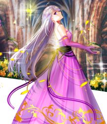Rule 34 | 1girl, ahoge, back, bad id, bad pixiv id, bare shoulders, closed mouth, dress, ecu8080, elbow gloves, expressionless, female focus, floating hair, flower, formal, from side, gloves, highres, long dress, long hair, looking at viewer, neck, original, petals, purple dress, purple eyes, purple gloves, silver hair, solo, sparkle, standing, strapless, strapless dress, tree, very long hair, yellow flower