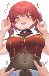 Rule 34 | blush, breasts, cleavage, covered navel, crop top, hand on another&#039;s stomach, heterochromia, highres, hololive, houshou marine, kei8987, large breasts, navel, pov, pov hands, red hair, see-through, see-through cleavage, virtual youtuber