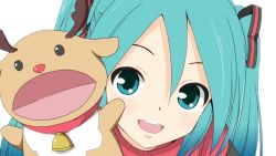 Rule 34 | 1girl, aqua eyes, aqua hair, bell, black shirt, close-up, commentary, hair ribbon, hand puppet, hatsune miku, lat model (mikumikudance), looking at viewer, neck bell, open mouth, portrait, puppet, red scarf, reindeer, ribbon, scarf, shirt, smile, solo, soukun s, striped ribbon, twintails, vocaloid, white background