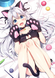 Rule 34 | 1girl, :d, ahoge, animal ears, animal hands, bare legs, barefoot, bed sheet, bell, black bra, black choker, black gloves, black panties, black ribbon, blue eyes, blush, bowl, bra, breasts, cat cutout, cat ears, cat lingerie, cat tail, cat teaser, choker, cleavage, cleavage cutout, clothing cutout, collarbone, commentary request, fang, feet out of frame, frilled bra, frills, gloves, hair ribbon, jingle bell, knees together feet apart, legs up, long hair, looking at viewer, lying, masuishi kinoto, medium breasts, meme attire, neck bell, on back, open mouth, original, panties, paw gloves, pet bowl, ribbon, silver hair, small breasts, smile, solo, tail, tareme, underwear, underwear only, yarn, yarn ball