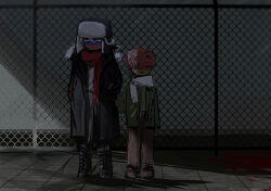 2boys belarus_(countryhumans) belarusian_flag black_coat black_footwear blood blood_on_face boots brown_pants chain-link_fence coat colored_skin countryhumans facing_viewer fence full_body green_jacket green_skin green_sweater highres jacket multiple_boys open_mouth pants red_scarf red_skin russia_(countryhumans) russian_flag saboten92 scarf smile sweater white_scarf