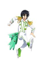 Rule 34 | 1boy, aiguillette, black hair, clenched hand, epaulettes, full body, green eyes, green footwear, highres, ice skates, jacket, kicking, king of prism, king of prism: shiny seven stars, kougami taiga, long sleeves, looking at viewer, male focus, official art, open mouth, pants, pretty rhythm, pretty series, second-party source, shoe soles, shoes, short hair, simple background, skates, solo, standing, tachi-e, transparent background, white jacket, white pants