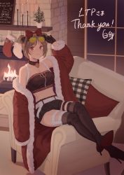 Rule 34 | 1girl, adjusting eyewear, armchair, bare shoulders, black footwear, black gloves, black shorts, boots, bow, breasts, brown hair, brown tank top, chair, christmas, cleavage, closed mouth, collarbone, commission, crossed legs, double bun, eyewear on head, girls&#039; frontline, gloves, hair bow, hair bun, hair ornament, hairclip, hand on eyewear, high heel boots, high heels, highres, jacket, light brown hair, medium breasts, merry christmas, official alternate costume, open clothes, open jacket, p90 (girls&#039; frontline), p90 (scarlet turbo) (girls&#039; frontline), red bow, red eyes, red jacket, short hair, shorts, sitting, skeb commission, smile, solo, srm463, stiletto boots, stiletto heels, tank top, thank you, thigh boots, thighhighs, window