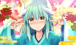 Rule 34 | 1girl, aqua hair, aqua kimono, blush, breasts, closed mouth, double v, dragon girl, dragon horns, egasumi, emotional engine - full drive, fate/grand order, fate (series), flower, hands up, highres, horns, japanese clothes, kimono, kiyohime (fate), long hair, long sleeves, looking at viewer, medium breasts, multiple horns, parody, pink background, sen (astronomy), sidelocks, smile, solo, sparkle, sunburst, sunburst background, v, wide sleeves, yellow eyes