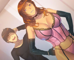 Rule 34 | 1boy, 1girl, arm up, bare shoulders, breasts, brown hair, choker, cleavage, clenched teeth, corset, dutch angle, elbow gloves, fuuzoku ni ittara aite ga ore no ane datta ken!!, garter straps, gloves, hands on own hips, highres, homare (fool&#039;s art), indoors, large breasts, legs, lingerie, long hair, looking at viewer, no eyes, open mouth, original, panties, pink eyes, pink panties, standing, teeth, thighs, underwear