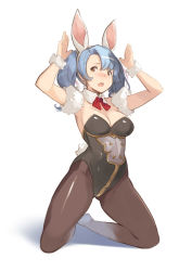 Rule 34 | 1girl, animal ears, armpits, arms up, bad id, bad pixiv id, black pantyhose, blue hair, blush, breasts, brown eyes, cleavage, commentary request, cosplay, detached collar, extra, fake animal ears, full body, granblue fantasy, hanarito, kneeling, leotard, long hair, looking at viewer, medium breasts, open mouth, orange eyes, pantyhose, playboy bunny, rabbit ears, rabbit tail, simple background, solo, sophia (granblue fantasy), tail, tears, twintails, white background
