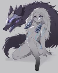 Rule 34 | 1boy, 1girl, ass, blue eyes, breasts, furry, glowing markings, highres, kindred (league of legends), lamb (league of legends), league of legends, long hair, mask, neon trim, nipples, nude, white hair, wolf, wolf (league of legends)