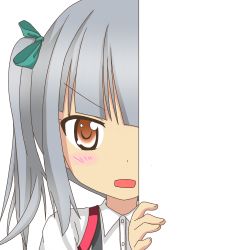 Rule 34 | 10s, 1girl, bow, brown eyes, hair bow, hair ribbon, kantai collection, kasumi (kancolle), looking at viewer, nagineko, open mouth, peeking out, ribbon, school uniform, side ponytail, silver hair, solo, suspenders, transparent background