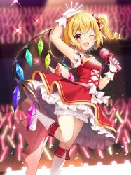Rule 34 | 1girl, ;d, adapted costume, arm up, blonde hair, bloomers, blush, boots, bow, breasts, commentary request, concert, crystal, detached collar, dress, dress bow, fang, flandre scarlet, foot out of frame, gloves, glowstick, hair between eyes, hair bow, hand up, happy, highres, holding, holding microphone, idol, idol clothes, knee boots, looking at viewer, microphone, no headwear, one eye closed, open mouth, rainbow order, red bow, red dress, red eyes, ruhika, short hair, side ponytail, sleeveless, sleeveless dress, small breasts, smile, solo, sparkle, spotlight, stage, standing, standing on one leg, touhou, underwear, waving, white bloomers, white bow, white footwear, white gloves, wings