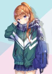 Rule 34 | 1girl, backpack, bad id, bad pixiv id, bag, blue scarf, blue skirt, blush, closed mouth, commentary request, cowboy shot, earphones, green jacket, hand up, head tilt, higeneko, jacket, long hair, long sleeves, looking at viewer, miniskirt, orange hair, original, plaid, plaid scarf, pleated skirt, ponytail, purple eyes, scarf, shadow, single earphone removed, skirt, sleeves past fingers, sleeves past wrists, smile, solo, standing