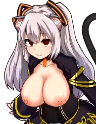 Rule 34 | animal ears, breasts, breasts out, cat tail, closed mouth, dress, fake animal ears, glowing, hair between eyes, large breasts, long hair, nipples, nora cat, nora cat channel, open clothes, open dress, red eyes, simple background, smile, tail, varitora, virtual youtuber, white background, white hair