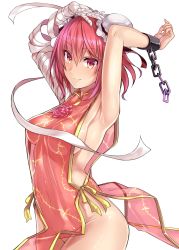 Rule 34 | 1girl, absurdres, amputee, armpits, arms up, bad id, bad twitter id, bandaged arm, bandages, blush, breasts, bun cover, closed mouth, covered navel, cowboy shot, cuffs, double bun, flower, hair bun, highres, ibaraki kasen, looking at viewer, medium breasts, naked tabard, no bra, no panties, orochi itto, pink flower, pink rose, red eyes, red hair, rose, see-through, see-through silhouette, shackles, sideboob, smile, solo, tabard, touhou