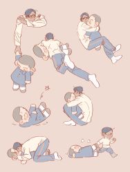 Rule 34 | 1boy, anger vein, black hair, blue pants, brown background, character doll, chengongzi123, closed mouth, dark-skinned male, dark skin, full body, golden kamuy, highres, holding, hug, hugging doll, hugging object, invisible chair, jacket, kiss, kissing doll, knees up, koito otonoshin, long sleeves, looking at viewer, lying, male focus, military uniform, multiple views, on stomach, pale color, pants, puff of air, running, short hair, simple background, sitting, socks, stuffed toy, tsukishima hajime, uniform, very short hair, yellow jacket