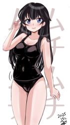 1girl agano_(kancolle) black_hair black_one-piece_swimsuit blue_eyes blush breasts collarbone covered_navel cowboy_shot dated highres kantai_collection long_hair looking_at_viewer medium_breasts old_school_swimsuit one-piece_swimsuit open_mouth school_swimsuit sirayuki0328081 solo swimsuit white_background