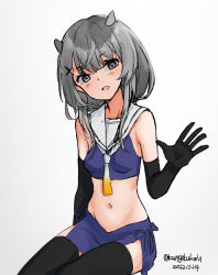 Rule 34 | 1girl, black gloves, black thighhighs, blue skirt, crop top, dated, fake horns, gloves, grey eyes, grey hair, highres, horns, i-201 (kancolle), kangoku kou, kantai collection, long hair, looking at viewer, midriff, navel, neckerchief, one-hour drawing challenge, rudder footwear, sailor collar, simple background, skirt, smile, solo, thighhighs, twitter username, waving, white neckerchief, white sailor collar
