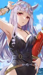 Rule 34 | 1girl, :o, absurdres, animal ears, armpits, black one-piece swimsuit, breasts, casual one-piece swimsuit, cleavage, eyewear on head, gold ship (run revolt launcher) (umamusume), grey hair, highres, horse ears, horse girl, horse tail, large breasts, long hair, looking at viewer, nail polish, ocean, one-piece swimsuit, purple eyes, purple hair, rum raisin (chihiromakita19), solo, sunglasses, swimsuit, tail, umamusume, water gun, wet