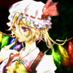 Rule 34 | 1girl, black background, blonde hair, blood, female focus, flandre scarlet, hat, jitome, looking away, red eyes, rito0805, rito (rito0805), short hair, solo, touhou, upper body, wings
