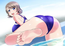 Rule 34 | 1girl, ass, ass focus, barefoot, blue eyes, blush, feet, foot focus, highres, leg up, light brown hair, looking back, love live!, love live! sunshine!!, one-piece swimsuit, open mouth, panimiiru, pool, pov, short hair, soles, suggestive fluid, swimsuit, toes, watanabe you, wet