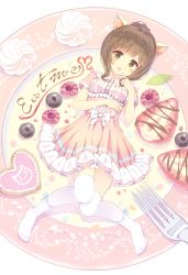 Rule 34 | 10s, 1girl, alc (ex2 lv), animal ears, bad id, bad pixiv id, blueberry, blush, brown hair, chocolate syrup, cookie, dress, english text, fang, food, fork, frilled dress, frills, from above, fruit, green eyes, highres, idolmaster, idolmaster cinderella girls, lying, maekawa miku, on back, open mouth, plate, raspberry, short sleeves, solo, strawberry, thighhighs, whipped cream, white thighhighs