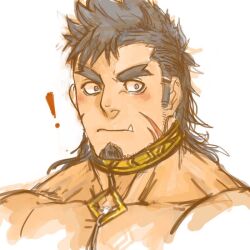 Rule 34 | !, 1boy, 392mondo, bara, black hair, choker, closed mouth, commentary request, facial hair, forked eyebrows, goatee, gullinbursti (housamo), long hair, long sideburns, looking to the side, male focus, mohawk, mullet, muscular, muscular male, portrait, scar, scar on face, sideburns, sideburns stubble, simple background, sketch, solo, stubble, thick eyebrows, tokyo houkago summoners, tusks, white background