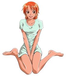 Rule 34 | 1girl, :d, bare arms, bare legs, barefoot, between legs, breasts, brown eyes, collarbone, feet, female focus, full body, looking at viewer, medium breasts, nami (one piece), nose, one piece, open mouth, orange hair, oversized clothes, oversized shirt, shirt, short hair, sitting, smile, solo, tareme, teeth, transparent background, upper teeth only, wariza