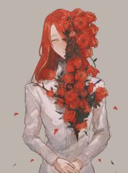 Rule 34 | 1boy, 31tamagokake580, blood, blood on clothes, dress shirt, expressionless, fate/grand order, fate (series), flower, flower over eye, grey background, highres, leaf, long hair, looking at viewer, male focus, own hands together, parted lips, petals, red flower, red hair, red rose, rose, shirt, simple background, solo, swept bangs, thorns, tristan (fate), upper body, white shirt, yellow eyes
