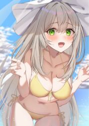 Rule 34 | 1girl, :d, bikini, blue archive, blush, breasts, cleavage, collarbone, front-tie top, gluteal fold, green eyes, halo, hanamaru tsubaki, hat, highres, large breasts, light brown hair, long hair, looking at viewer, navel, nonomi (blue archive), nonomi (swimsuit) (blue archive), official alternate costume, open mouth, outdoors, side-tie bikini bottom, smile, solo, sun hat, swimsuit, white hat, yellow bikini