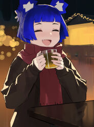 Rule 34 | 1girl, absurdres, animal ears, blue hair, blunt bangs, blurry, blush, bokeh, brown coat, closed eyes, coat, cup, depth of field, fang, gris (vertigris), highres, holding, holding cup, long sleeves, open mouth, original, scarf, short hair, smile, solo, table, upper body, vertigris