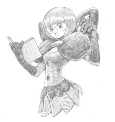 Rule 34 | 1girl, :d, blunt bangs, bob cut, book, breasts, cleavage, creatures (company), elbow gloves, elite four, game freak, gloves, greyscale, hands up, holding, holding book, holding pen, long sleeves, medium breasts, miniskirt, monochrome, nintendo, nutkingcall, open book, open mouth, pen, pleated skirt, pokemon, pokemon bw, round eyewear, shauntal (pokemon), short hair, simple background, skirt, smile, solo, tongue, white background