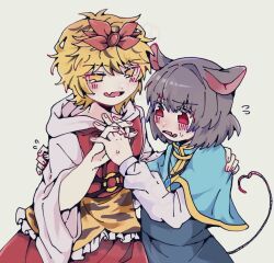 2girls animal_ears animal_print black_hair blonde_hair blue_capelet blush bobotatamu capelet dress fang frills grey_hair hair_ornament heart heart_tail highres interlocked_fingers jewelry long_sleeves mouse_ears mouse_tail multicolored_hair multiple_girls nazrin open_mouth pendant red_eyes shirt short_hair simple_background skin_fang sweatdrop tail tiger_print toramaru_shou touhou two-tone_hair white_background white_shirt wide_sleeves yellow_eyes