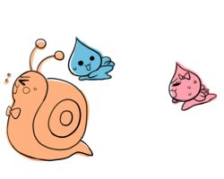 Rule 34 | 1girl, 2boys, agemono, antennae, blue theme, bow, bowtie, chasing, flying, food, fruit, lowres, multiple boys, no humans, orange (fruit), pink theme, pixel art, pururun! shizuku-chan, shell, shizuku (pururun! shizuku-chan), snail, sweat, tsumurin (pururun! shizuku-chan), uruoi (pururun! shizuku-chan), wings