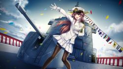 Rule 34 | 10s, 1girl, :d, alcohol, backlighting, bad id, bad pixiv id, brown hair, bulkheads, champagne, cloud, confetti, contemporary, destroyer, dutch angle, gloves, hair bun, hat, kantai collection, kongou (jmsdf), kongou (kancolle), looking to the side, meaomao, military, military uniform, military vehicle, naval uniform, open mouth, outstretched arm, pantyhose, peaked cap, pleated skirt, purple eyes, ship, single hair bun, skirt, sky, smile, solo, string of flags, turret, uniform, warship, watercraft