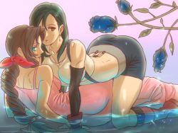 Rule 34 | 1990s (style), 2girls, aerith gainsborough, ass, bad id, bad pixiv id, bare shoulders, black hair, blue eyes, boots, bow, breasts, brown eyes, brown hair, dress, earrings, elbow gloves, eyebrows hidden by hair, female focus, final fantasy, final fantasy vii, fingerless gloves, flower, gloves, hair intakes, hip focus, isaki, jewelry, long dress, long hair, looking back, lying, midriff, miniskirt, multiple girls, pink bow, pink dress, ponytail, red ribbon, retro artstyle, ribbon, skirt, square enix, straddling, submerged, suspender skirt, suspenders, tank top, tifa lockhart, water, wet, wet clothes, wide hips, yuri