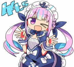 Rule 34 | &gt; o, 1girl, ;d, anchor, anchor symbol, blue bow, blue dress, blue hair, blue ribbon, bow, colored inner hair, commentary request, dress, frilled dress, frills, hair ribbon, hands up, hololive, kanikama, long hair, lowres, maid headdress, minato aqua, minato aqua (1st costume), multicolored hair, one eye closed, open mouth, puffy short sleeves, puffy sleeves, purple eyes, purple hair, ribbon, ringlets, short sleeves, simple background, smile, solo, twintails, two-tone hair, very long hair, virtual youtuber, white background, white bow, wrist cuffs