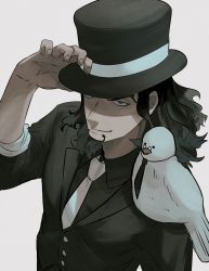 Rule 34 | 1boy, absurdres, animal, animal on shoulder, bird, bird on shoulder, chacoma, facial hair, formal, from above, hand on headwear, hat, hattori (one piece), highres, male focus, one piece, pigeon, rob lucci, sleeves rolled up, smile, solo, suit