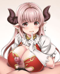 Rule 34 | 1boy, 1girl, alicia (granblue fantasy), blunt bangs, blush, breasts, brown eyes, brown hair, censored, cleavage, draph, earrings, finger to mouth, frilled sleeves, frills, gloves, gradient background, granblue fantasy, heart, hetero, horns, jewelry, large breasts, long hair, male pubic hair, mosaic censoring, parted lips, penis, pointy ears, pubic hair, puffy short sleeves, puffy sleeves, short sleeves, spread legs, sweat, white gloves, youkan